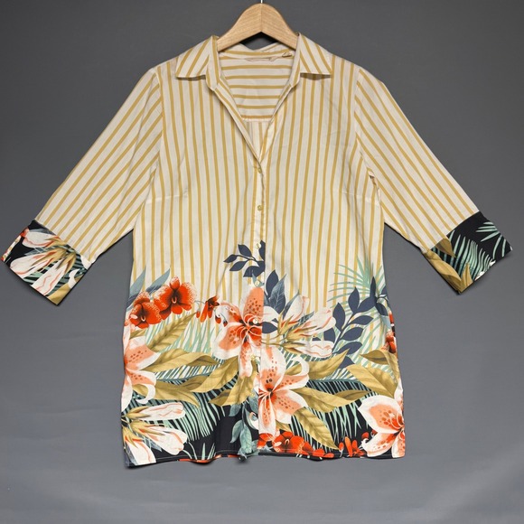 Soft Surroundings Tops - Soft Surroundings Yellow Striped Tropical Floral Tunic Shirt Petite Medium PM
